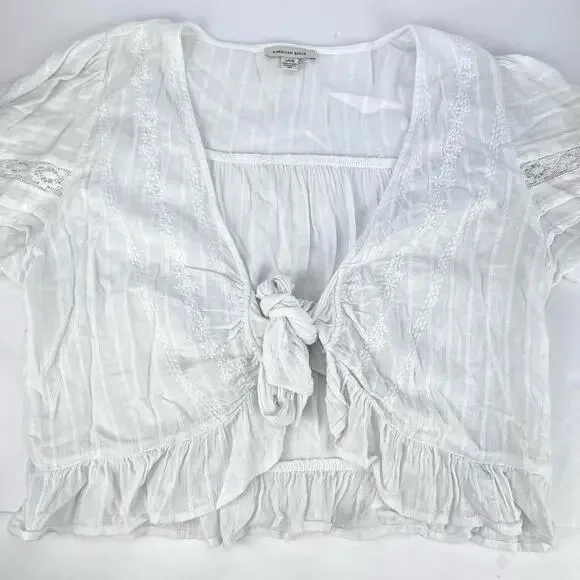 American Eagle V-Neck Gauzy Lace Tie-Front White Blouse Top BOHO L - Picture 7 of 14